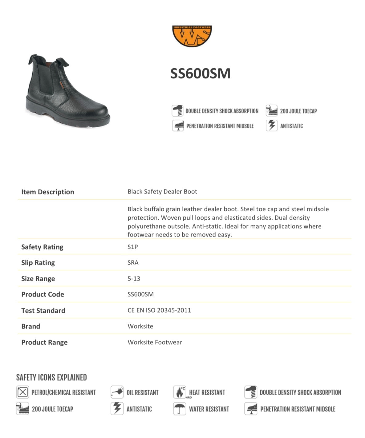 INDUSTRIAL FOOTWEAR 'SS600SM' SAFTEY BOOT